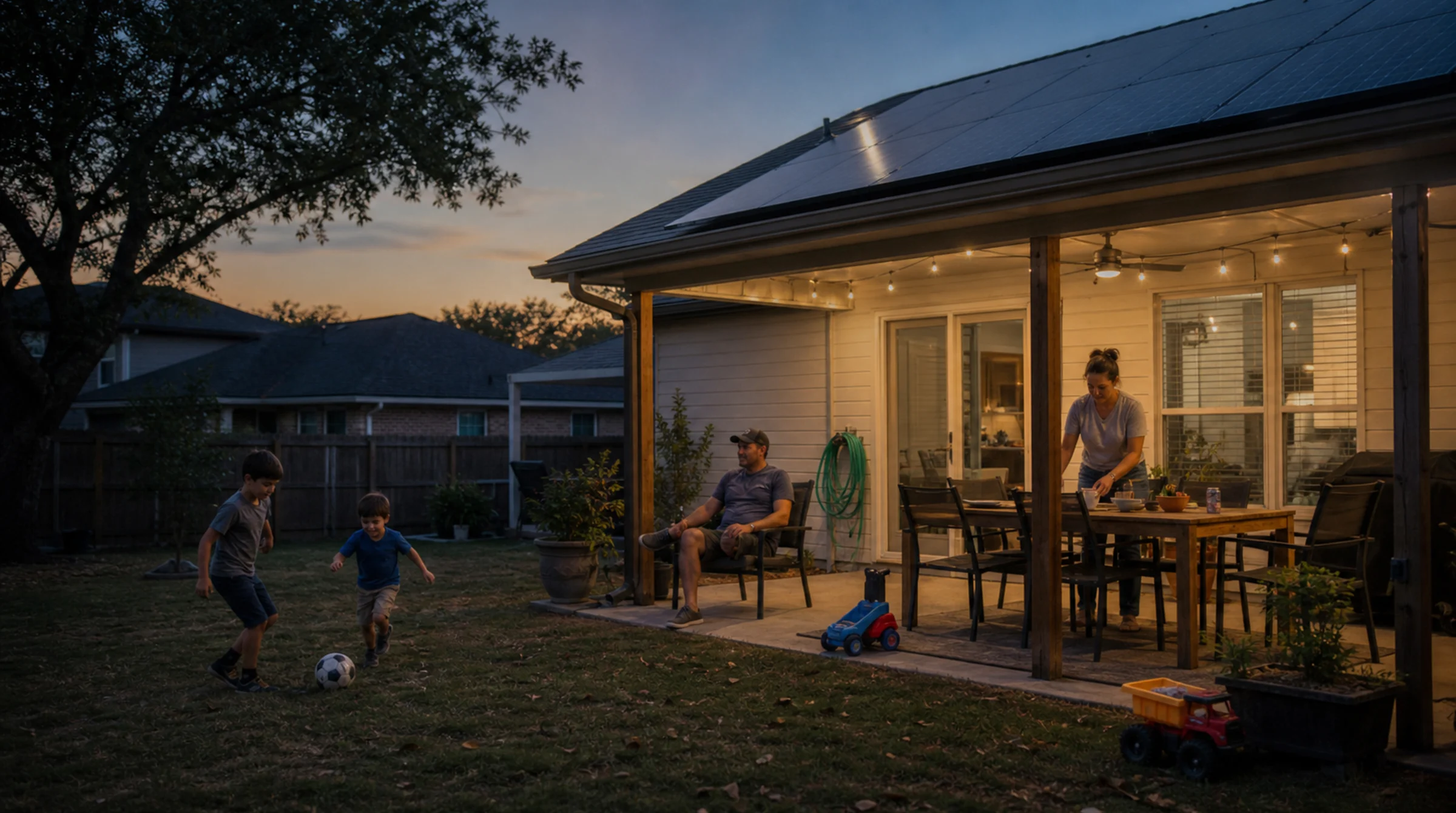 Family pool day at Texas home with solar and backup power
